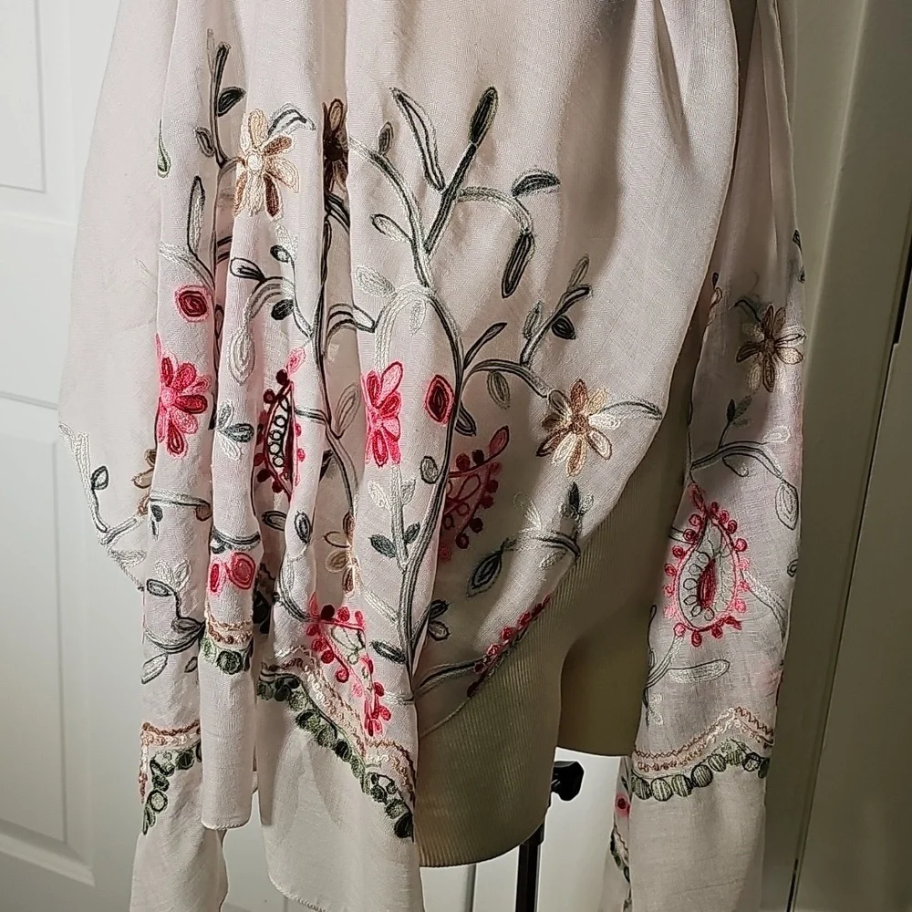 Floral Embroidered Scarf - Pink and Green. Size Is 27 X 74. Good‎ Used Condition